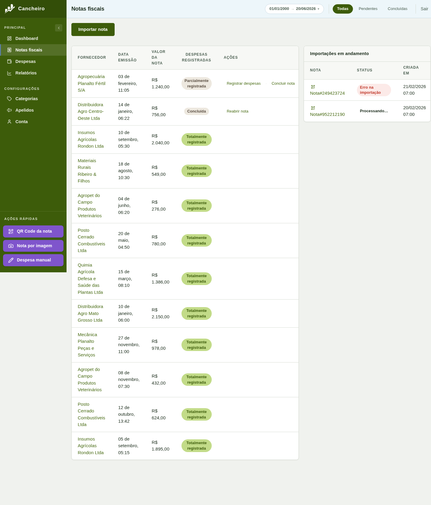 Lista de notas fiscais com status de registro de cada uma